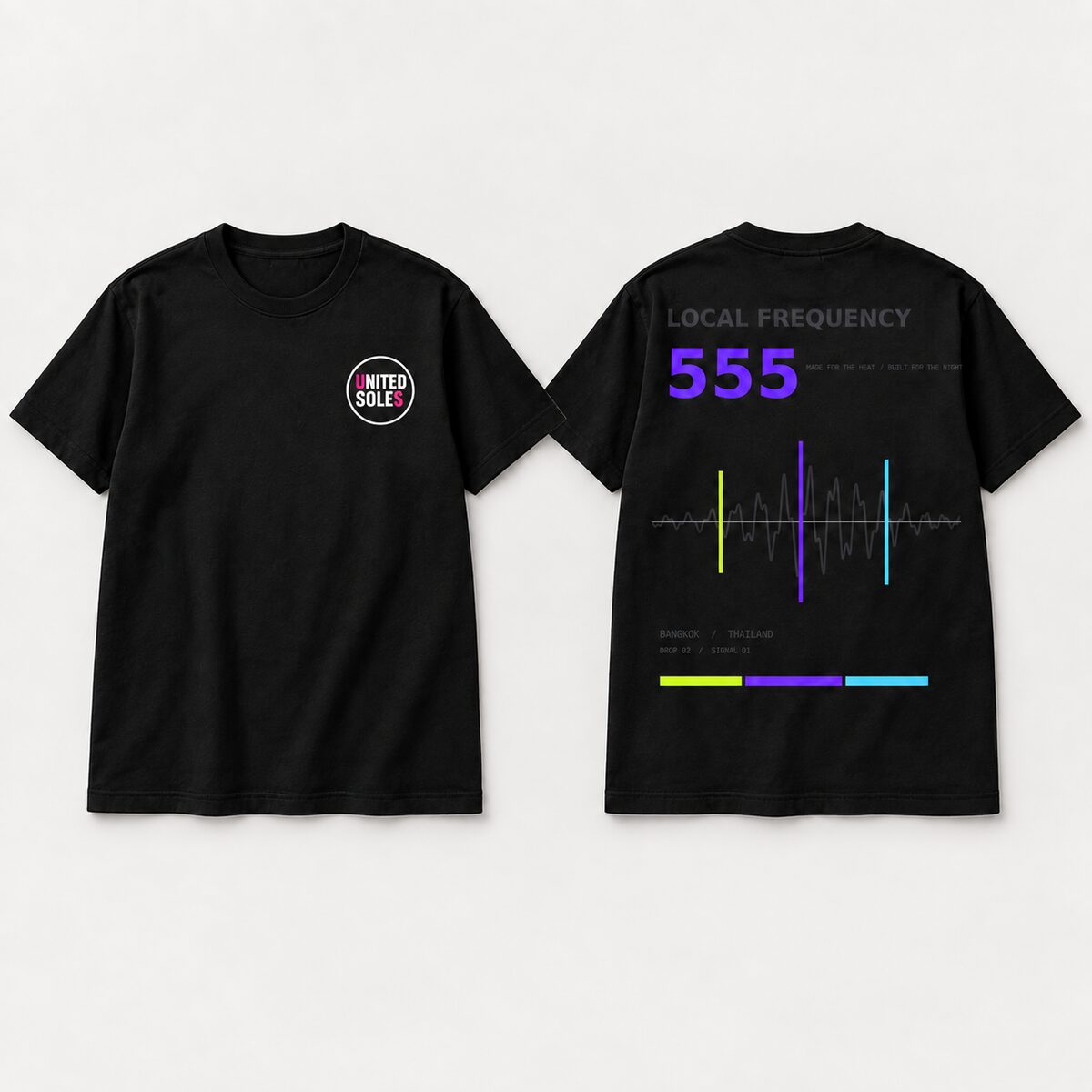 United Soles Local Frequency 555 black T-shirt front and back